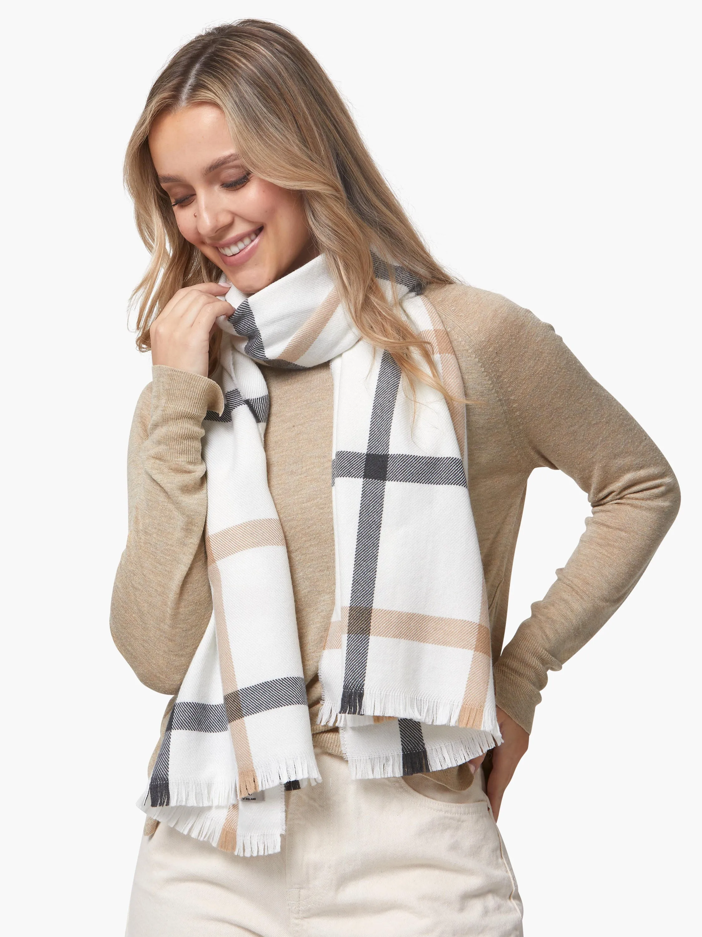 Foxford White Neutral Stripe Extra Fine Merino Scarf