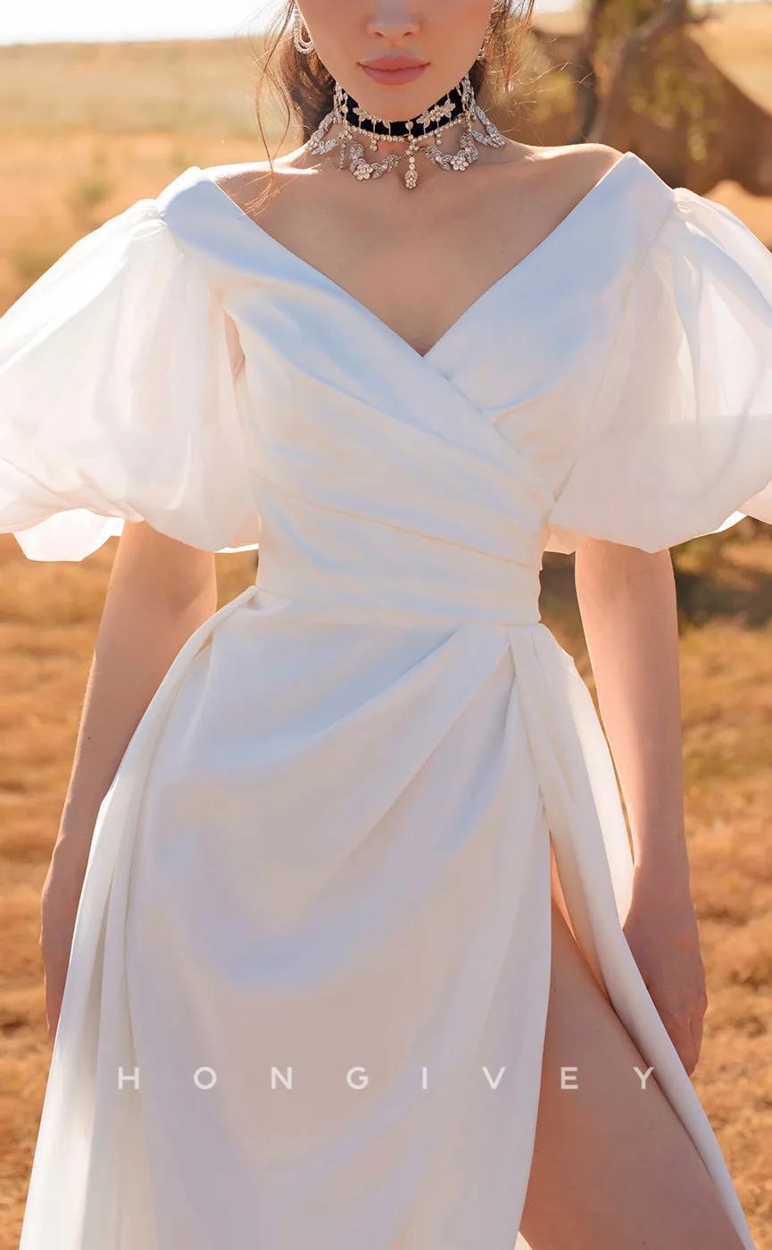 H1067 - Chic & Modern V-Neck Puff Sleeves Gown With Side Slit Beach/Boho Wedding Dress